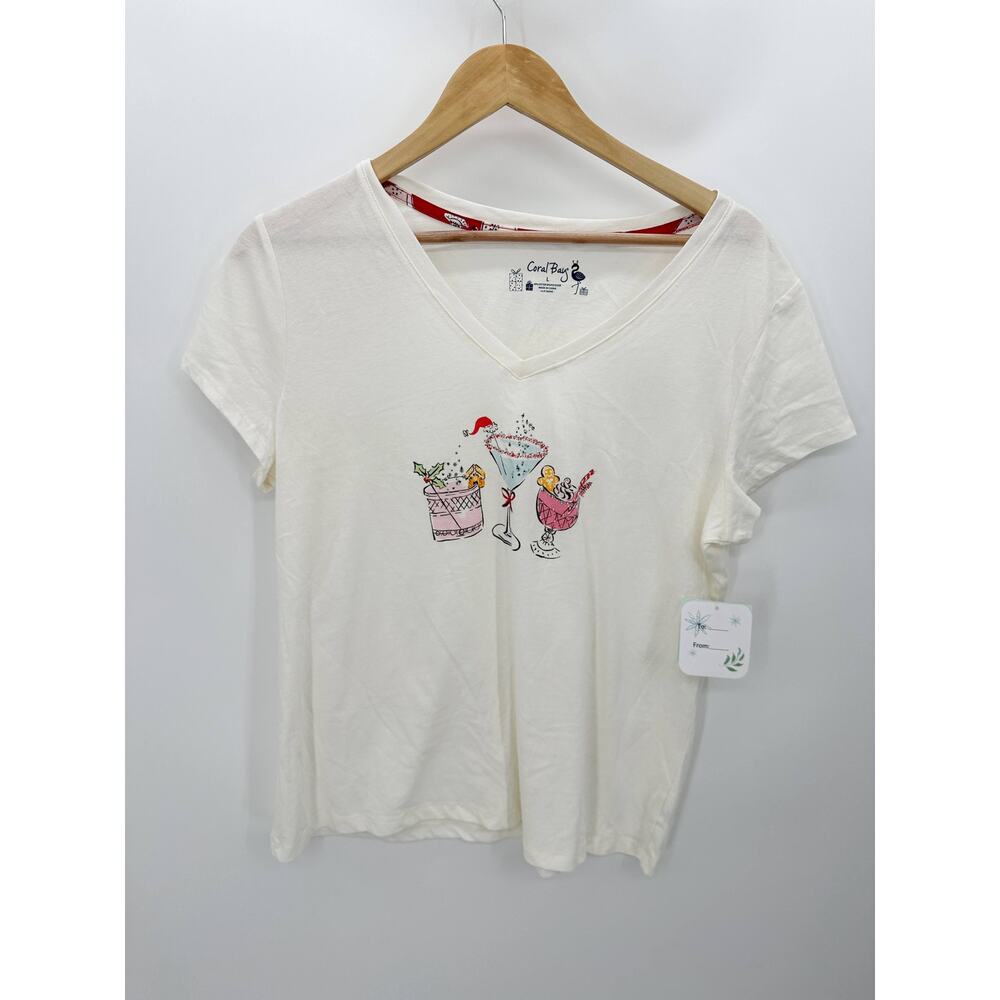 Coral Bay Off White Margarita V-Neck Tee T-Shirt Women's Size Large L NWT